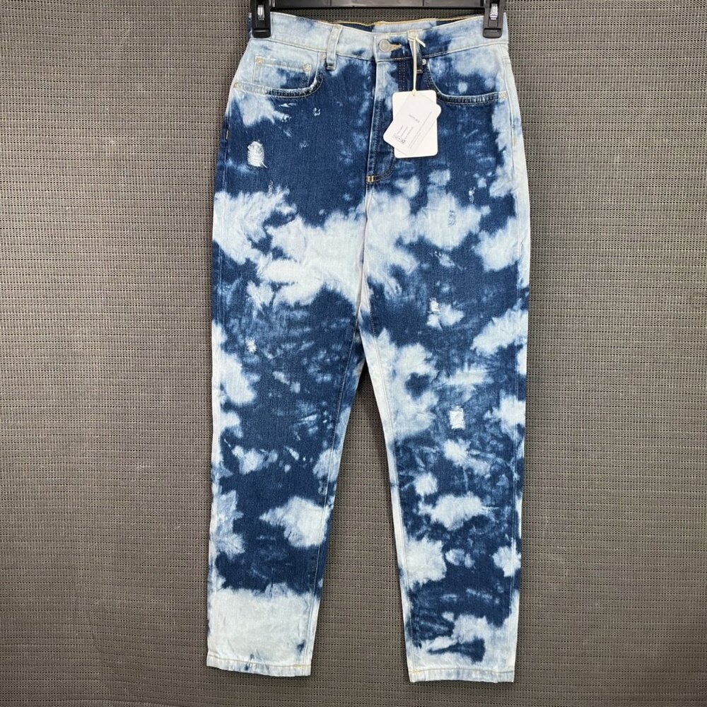 Elan Womens Size S Blue/White Tie-Dye Mid-Waist Tapered Denim Jeans Button Fly
